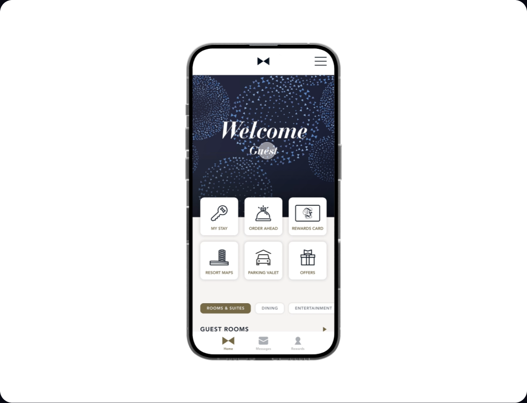 Screens for digital check-in and the digital room key in the Fontainebleau app.