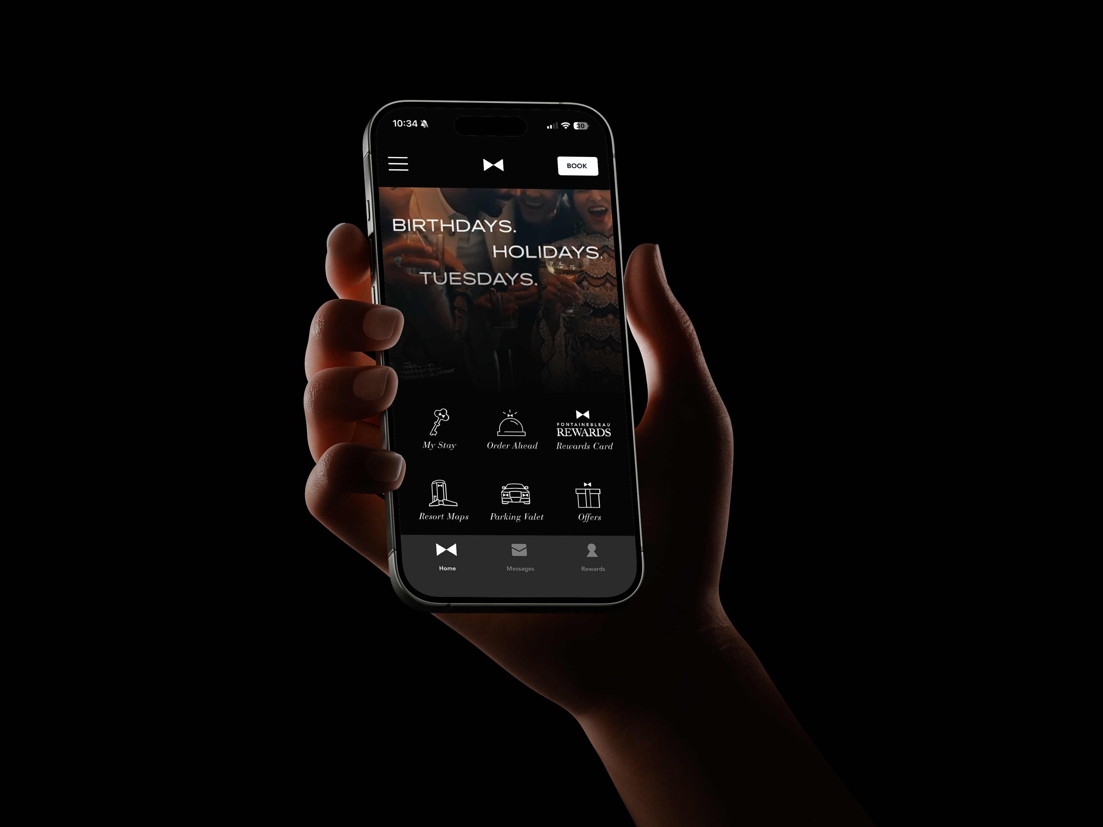 Full-screen showcase of the Fontainebleau app UI.