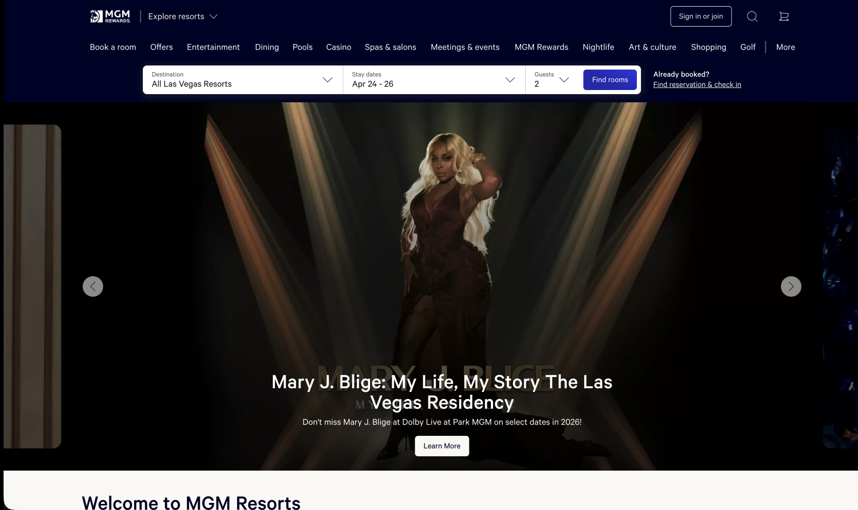MGM website screenshot.