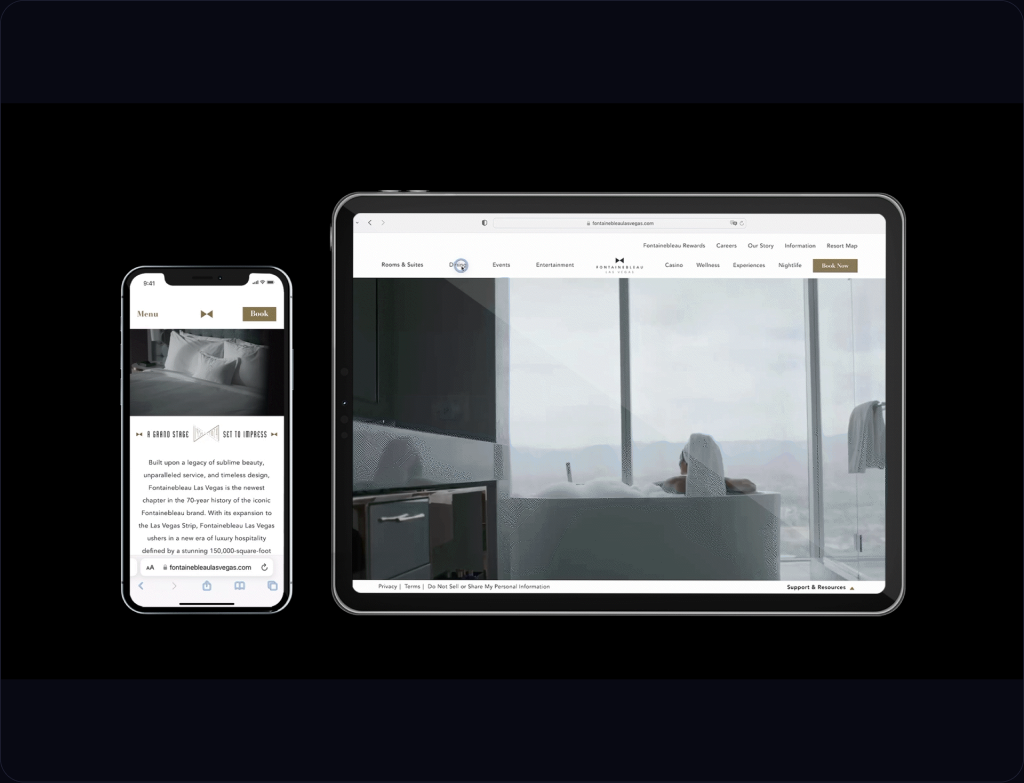 UI showing room and dining filtering and streamlined booking paths on the website.