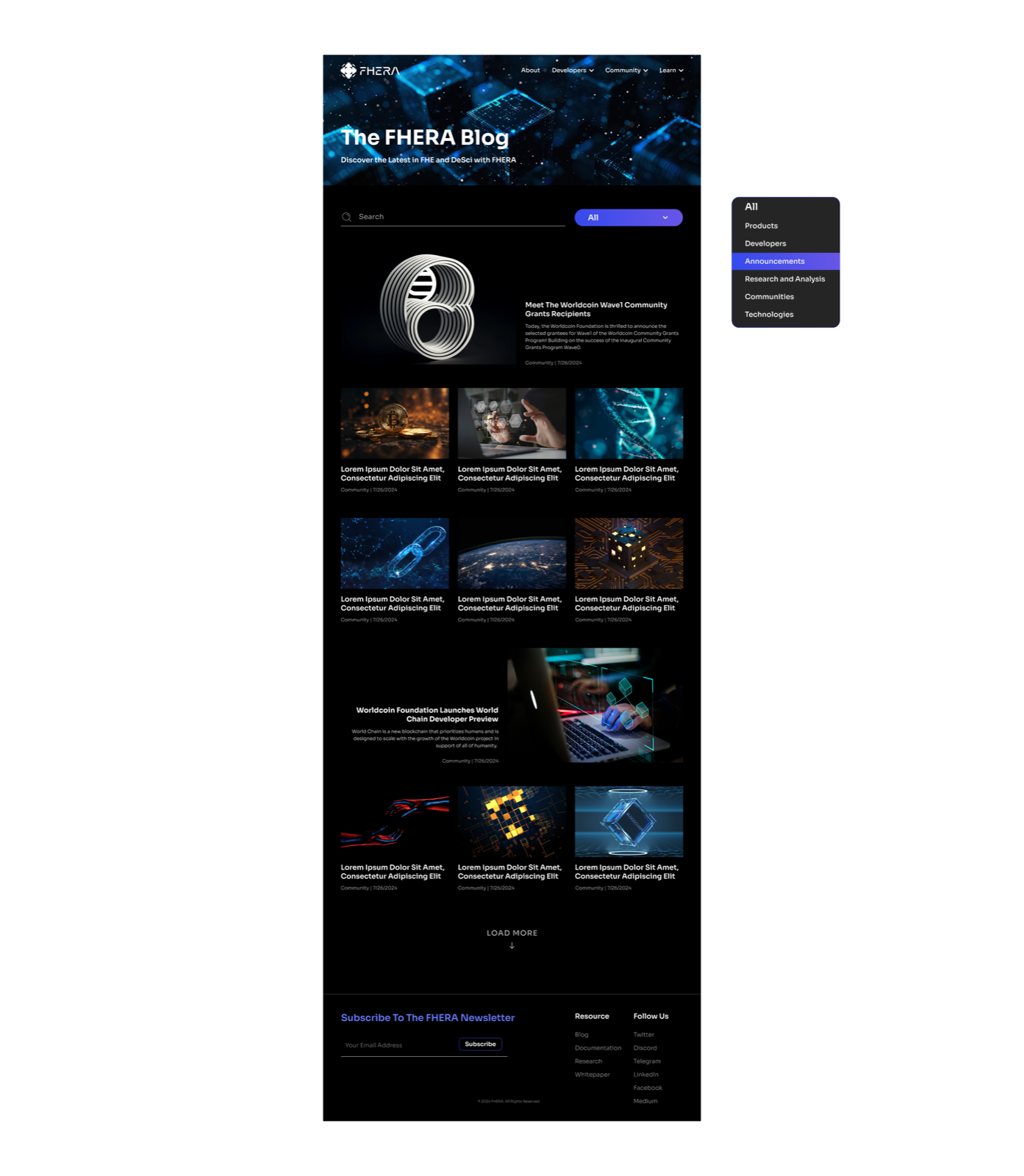 Fhera blog page mockup with featured article, search, category chips, and a grid of post cards.