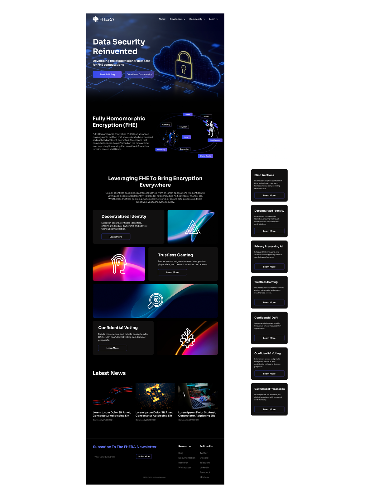 Fhera homepage long-scroll mockup with hero, FHE diagram, application bento, and footer.