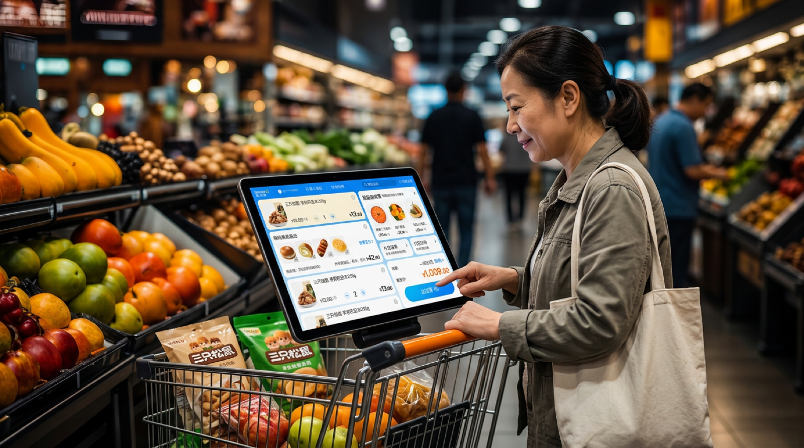 A shopper using a smart shopping cart with a built-in screen, browsing recommended products in the produce aisle.
