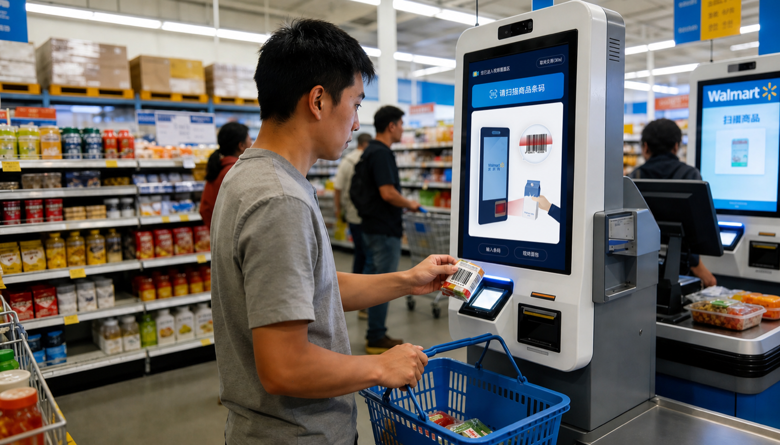 A shopper scanning a barcode at a Walmart self-checkout kiosk.