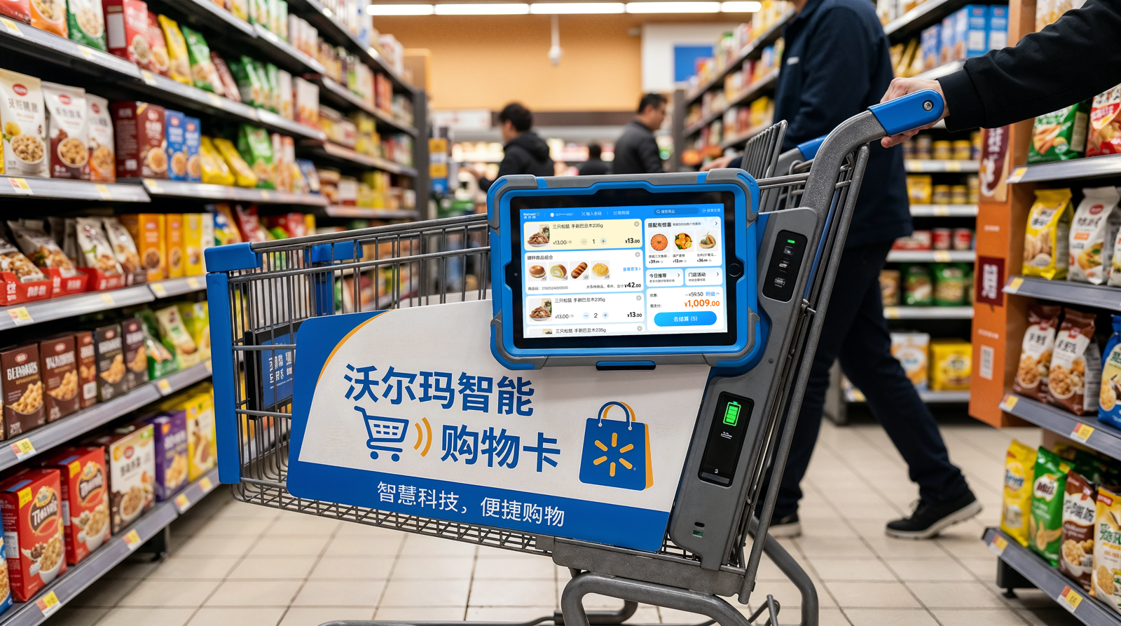 A Walmart smart cart display showing cart items, totals, and a tap-to-pay control.
