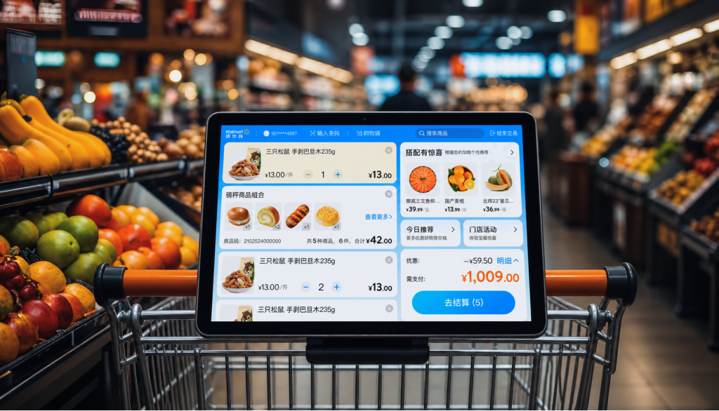 A smart kiosk mounted on a Walmart shopping cart showing a recipe and checkout interface.